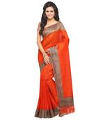 Orange Plain Tussar Silk Saree With Blouse