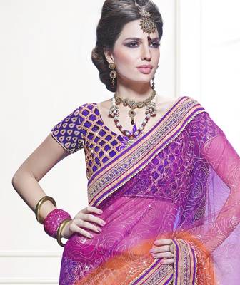 pink embroidered net saree with blouse 2