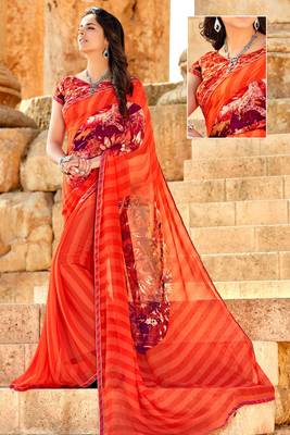 orange printed georgette saree with blouse 1