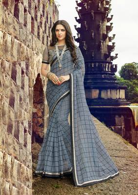 grey printed cotton saree with blouse 1
