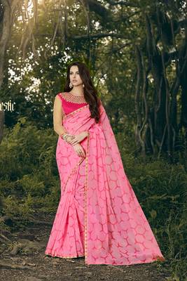 pink printed cotton saree with blouse 1