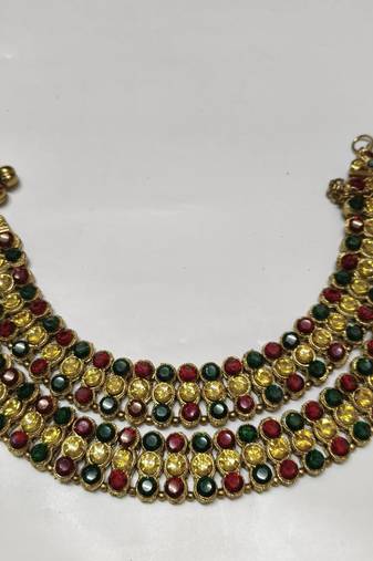 Gold Plated Handcrafted Multi colour Anklets with Pearl & Kundan