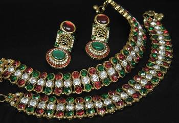 Gold Plated Handcrafted Maroon, Green Earrings & Jodha Akbar Anklets 1