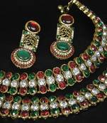 Gold Plated Handcrafted Maroon, Green Earrings & Jodha Akbar Anklets