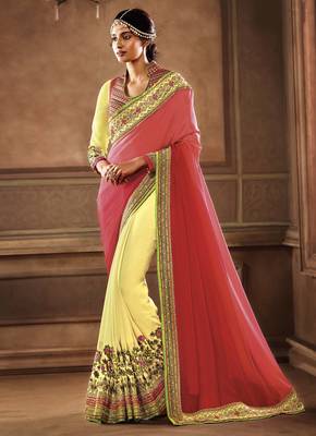 Coral embroidered georgette saree with blouse 1