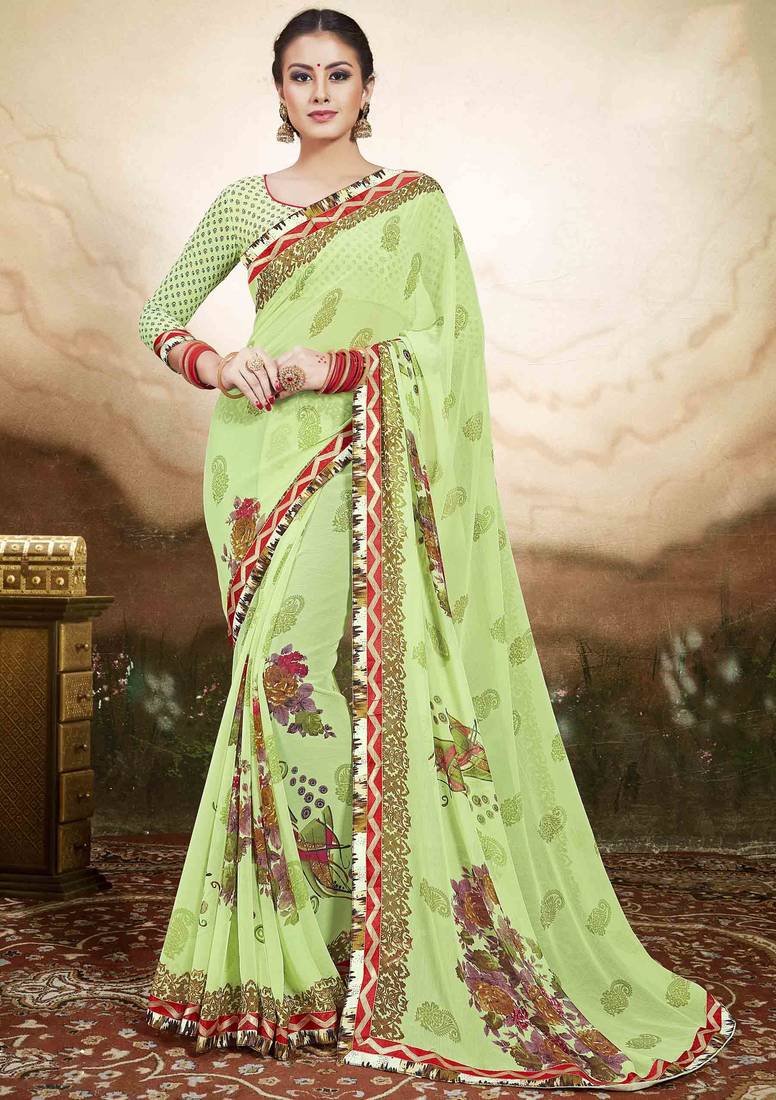 Light Green Printed Saree With Blouse Real Saree 2093124