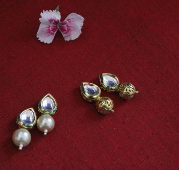 Shell Pearl And Gold Kundan Studs - Set Of 2 2