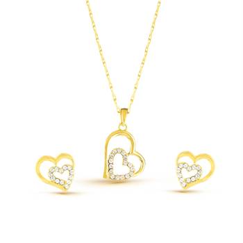 Love Heart Shape Gold Finishwhite Stone Girls Like Pendant Set 2