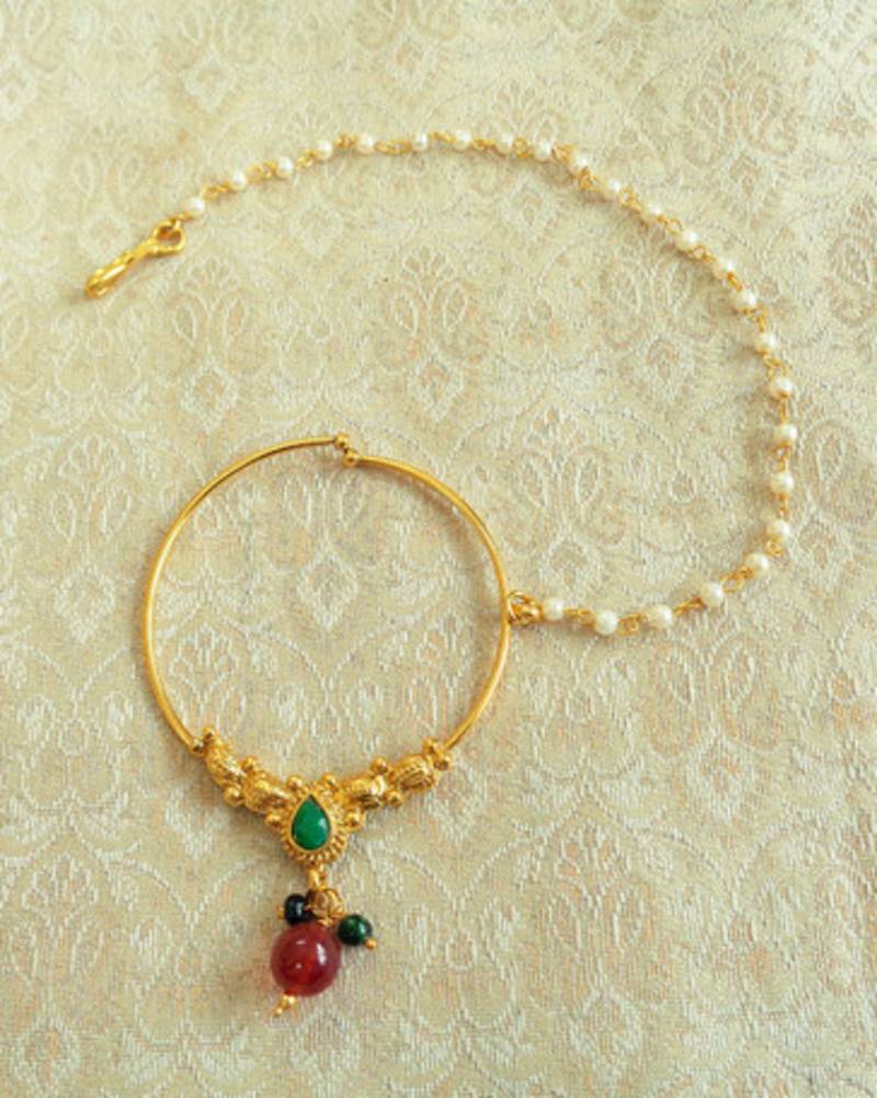 multicolour big size pearl chain bridal nose ring pin  
