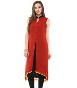 Red plain polyester stitched kurtas-and-kurtis