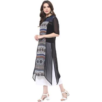 Black printed polyester stitched kurtas-and-kurtis 3