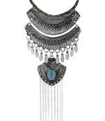 Tribal Bohemian Statement Turquoise Antique Oxidized Silver Long Necklace Chain Girls Women