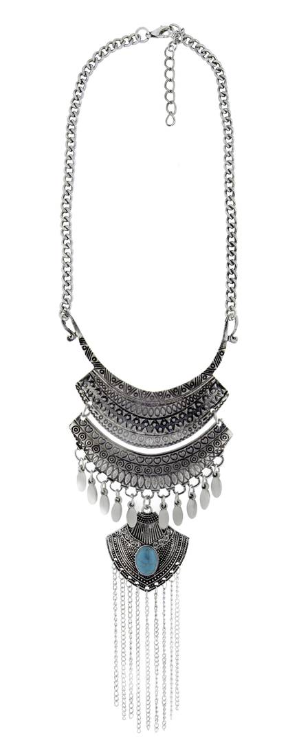 Tribal Bohemian Statement Turquoise Antique Oxidized Silver Long Necklace Chain Girls Women