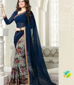 Blue printed georgette saree with blouse