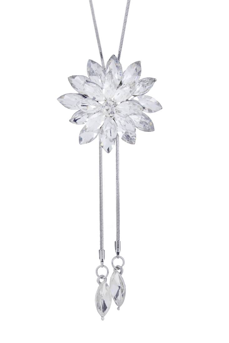 Dual Flower Crystal Pearl CZ American Diamond Long Chain Necklace for Girls Women