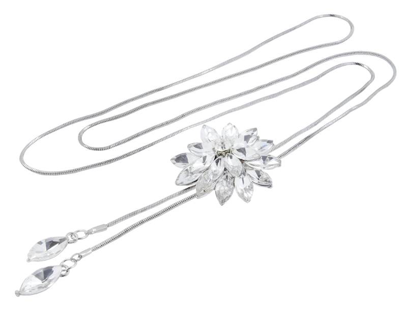 Dual Flower Crystal Pearl CZ American Diamond Long Chain Necklace for Girls Women
