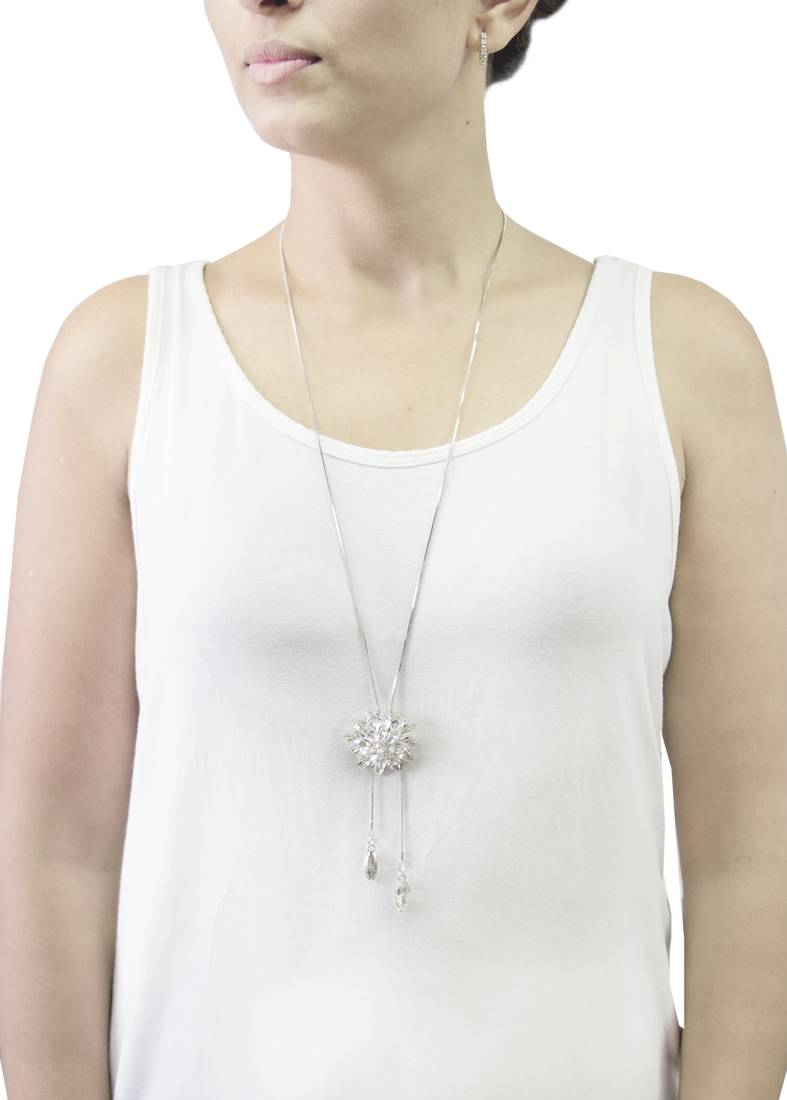 Dual Flower Crystal Pearl CZ American Diamond Long Chain Necklace for Girls Women