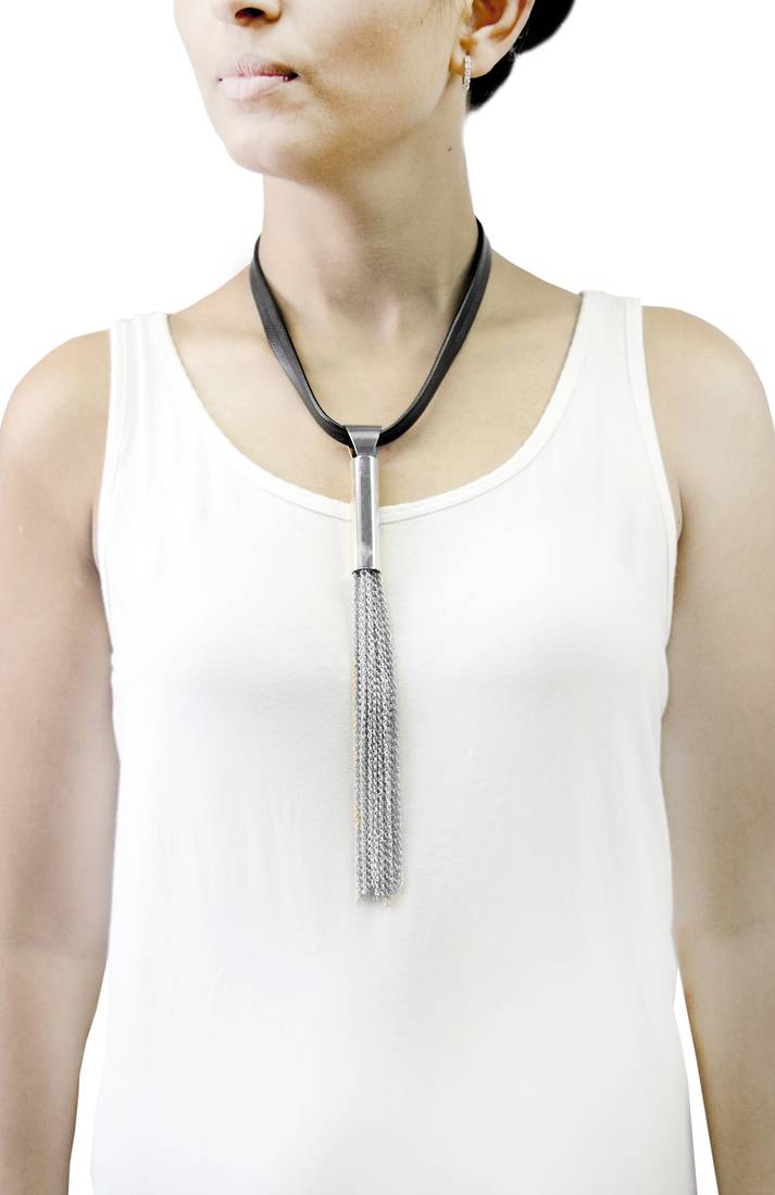 Dangling Dazzler 18K Glossy Silver Plated Leather Chain Pendant Statement Necklace for Girls Women