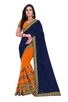 Navy Blue Embroidered Georgette Saree With Blouse