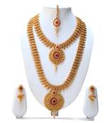 Maroon colour haram necklace set with jhumki earrings