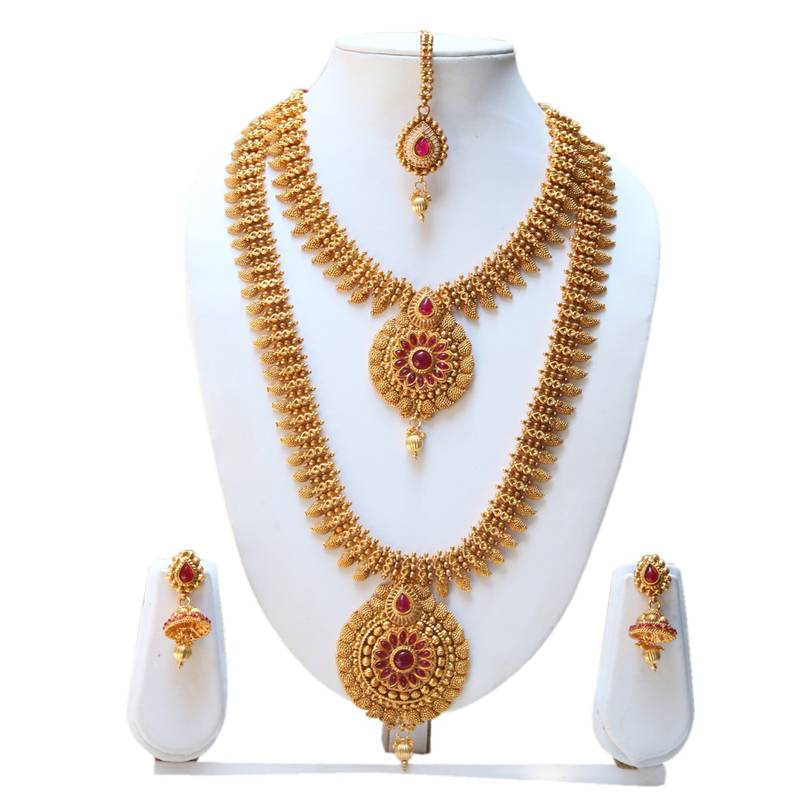 Maroon colour haram necklace set with jhumki earrings