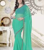 Plain Sea Green Saree With Contrast Blouse