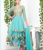 Passion sky blue color gold lace and embroidered net designer anarkali suit santoon inner with chiffon dupatta