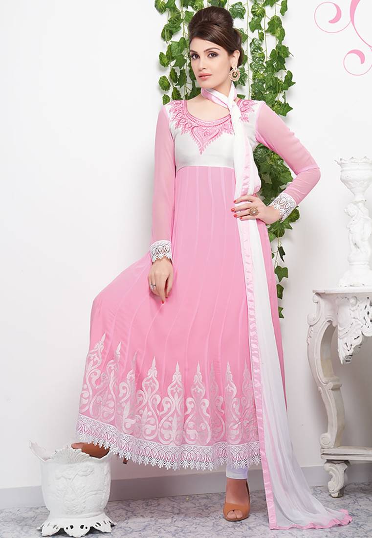Fabulous light pink color georgette and white crosia laces anarkali suit santoon inner with chiffon dupatta