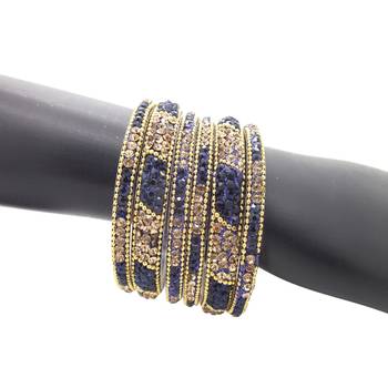 Ethnic Gold Plated Sapphire Blue 6pc Enamel Lakh CZ Bangle 1