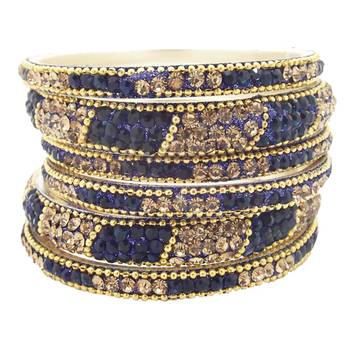 Ethnic Gold Plated Sapphire Blue 6pc Enamel Lakh CZ Bangle 2