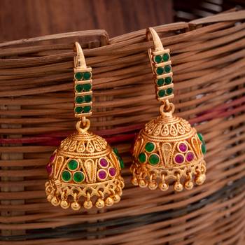 Golden hook jhumkas with ruby emerald one gram gold 1