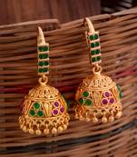 Golden hook jhumkas with ruby emerald one gram gold