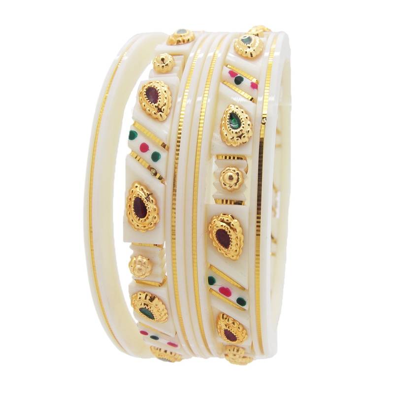 9blings 6pc Ivory White Enamel Gold Filigree Plastic Bangles