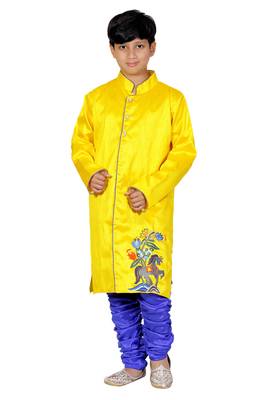 Yellow Embroidered Dupion Silk Kids Boys Indo Western Sherwani Set 1