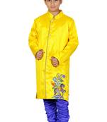 Yellow Embroidered Dupion Silk Kids Boys Indo Western Sherwani Set