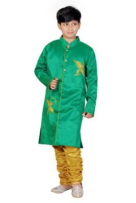 Green Embroidered Dupion Silk Kids Boys Indo Western Sherwani Set 1