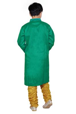 Green Embroidered Dupion Silk Kids Boys Indo Western Sherwani Set 2
