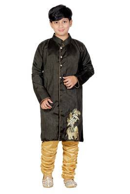 Black Embroidered Dupion Silk Kids Boys Indo Western Sherwani Set 1