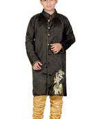 Black Embroidered Dupion Silk Kids Boys Indo Western Sherwani Set