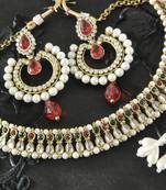Kundan Maroon Green Necklace with Dangling Red Colour Earrings