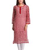 Red Embroidered Stitched Georgette Kurti 