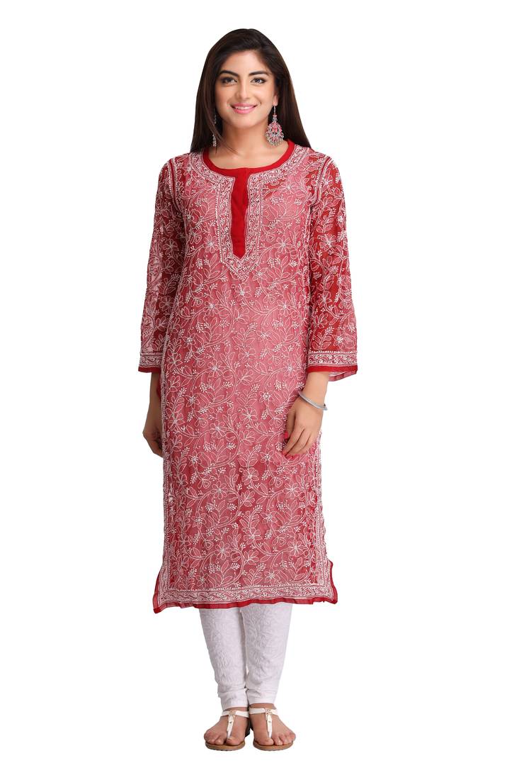 Red Embroidered Stitched Georgette Kurti 