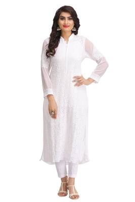Ada White Hand Embroidered Chikankari Georgette Kurti  1