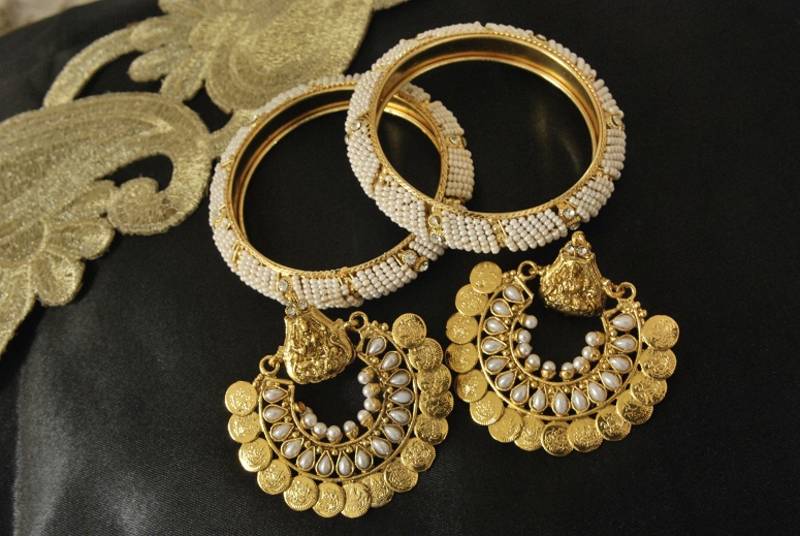 Ram Leela Pearl Earrings with Gold Plated Bangles set Beaded with Moti