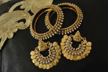 Ram Leela Pearl Earrings with Gold Plated Pearl Bangles 1