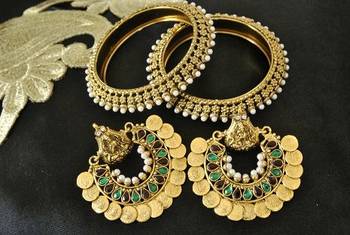 Ram Leela Maroon & Green Colour Earrings with Gold Plated Pearl Bangles 1