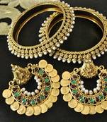 Ram Leela Maroon & Green Colour Earrings with Gold Plated Pearl Bangles