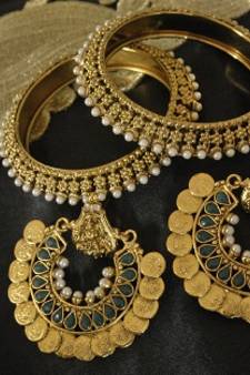 Ram Leela Green colour Earrings with Gold Plated Pearl Bangles
