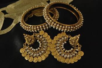 Ram Leela Kundan Earrings with Gold Plated Pearl Bangles 1