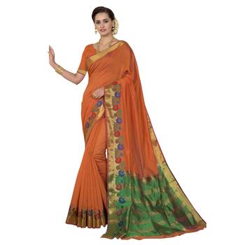 Orange woven chanderi silk saree with blouse 1
